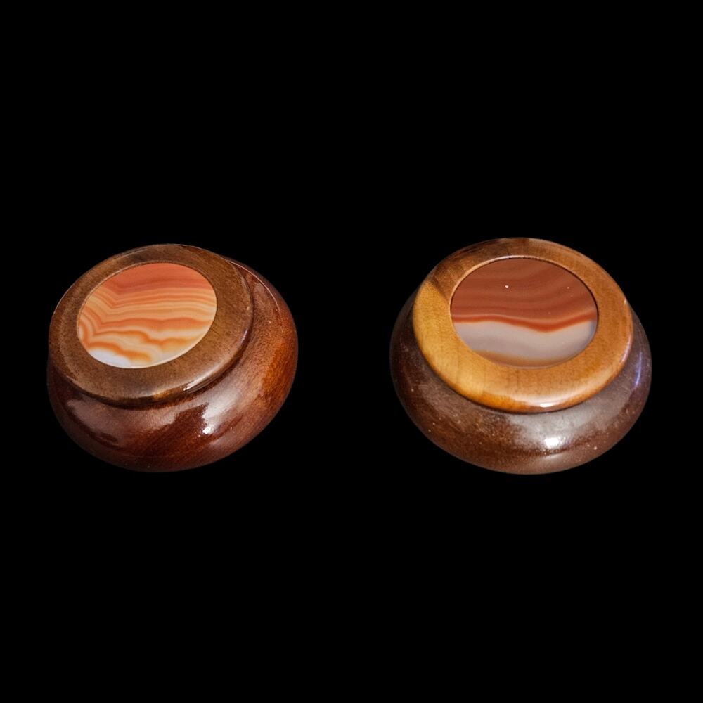 Brazilian Banded Agate Wood Trinket Boxes Pair Handcrafted Inlay